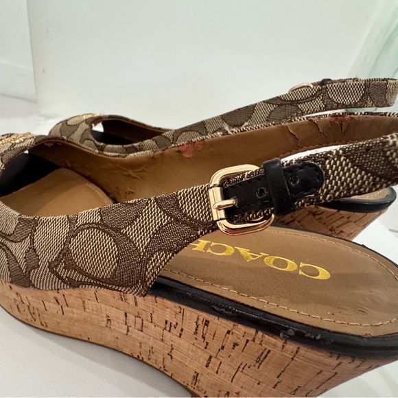 Coach Logo Print Slingback Wedge Sandals Brown Beige Black Canvas Leather 7.5B - Picture 11 of 12
